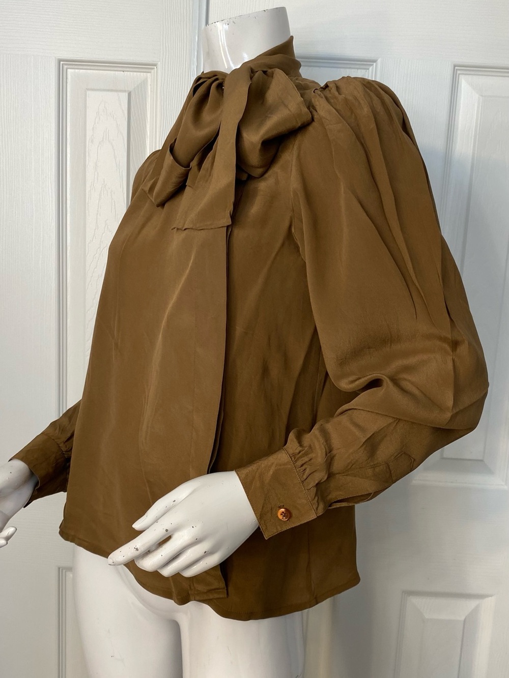 💯Silk Tie-Neck Long Sleeve Blouse in Olive Brown - Picture 2 of 9